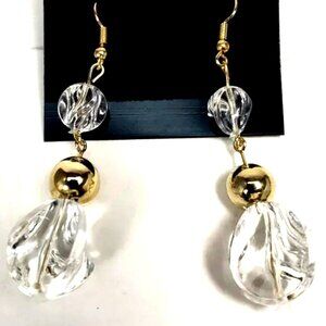 Clear Twisted Bead Drop Earrings w/ Gold tone Accent Modern Statement Dangle